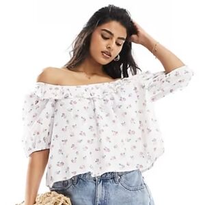 BARBOUR‎ Short Puff Sleeve Off The Shoulder Floral Top